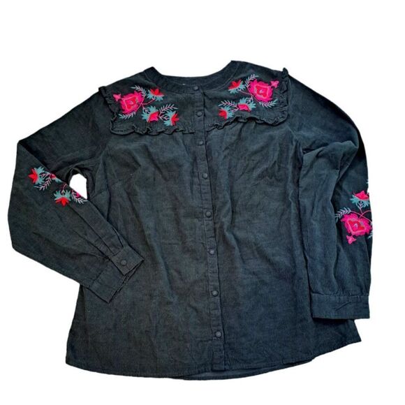 Monsoon Women's Long Sleeves Forest Green Embroidered Top Corduroy sz Medium - Picture 2 of 9